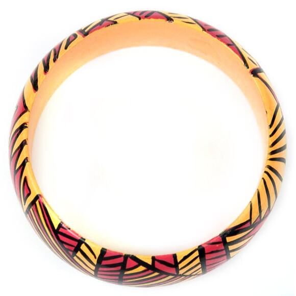 1990s Wood Wooden Yellow Red & Black Tribal Pattern Boho Hippie Bangle Bracelet - Picture 2 of 3